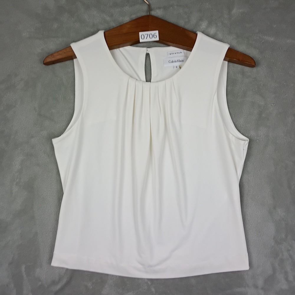 Calvin Klein Shell Top Womens 6 White Pleated Neck Stretch Work Wear Office Chic